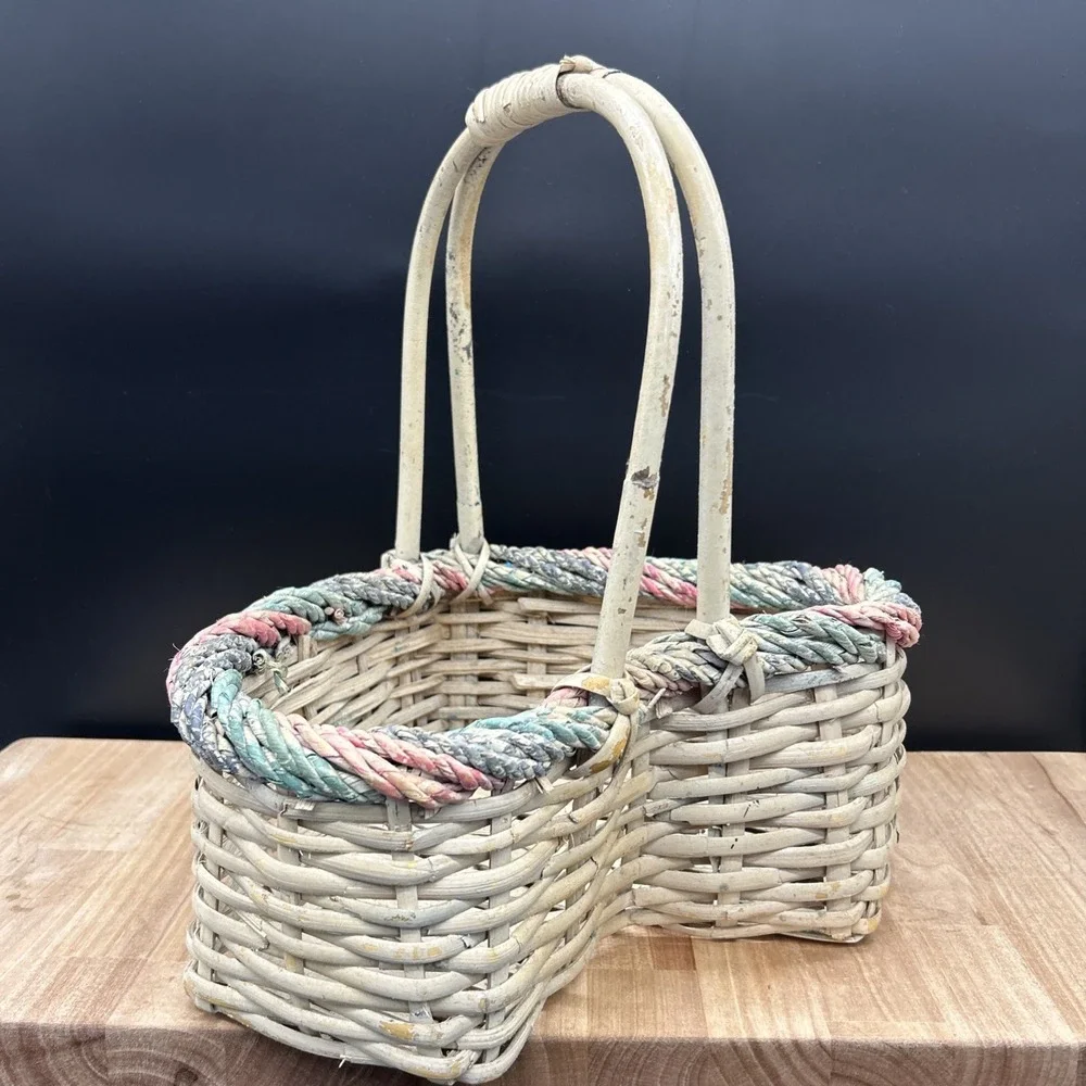 Vintage Heart Shape Woven Wicker Basket Colorful Pastel Rope Accent w/Handle 16